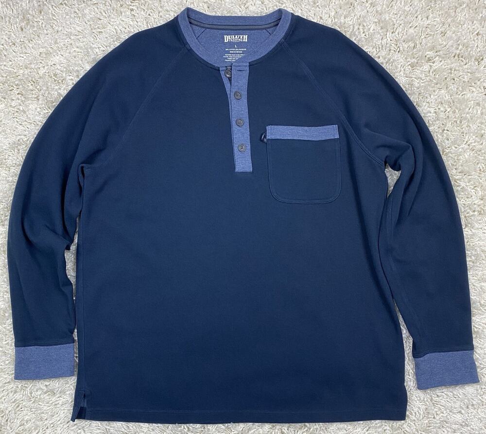 Duluth Trading Co Men's L Navy Henley Long Sleeve Shirt Blue Trim Pocket
